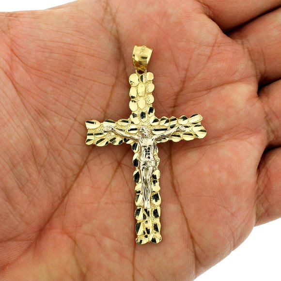 Real 10K Yellow Gold Large Nugget Cross Pendant - Picture 2 of 8